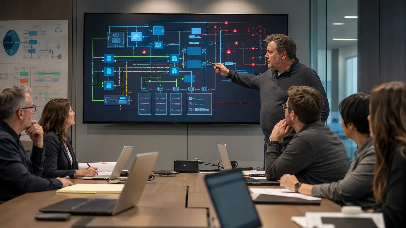 Realistische Unternehmensszene zum Thema KI in Softwarearchitektur, Integration und Test