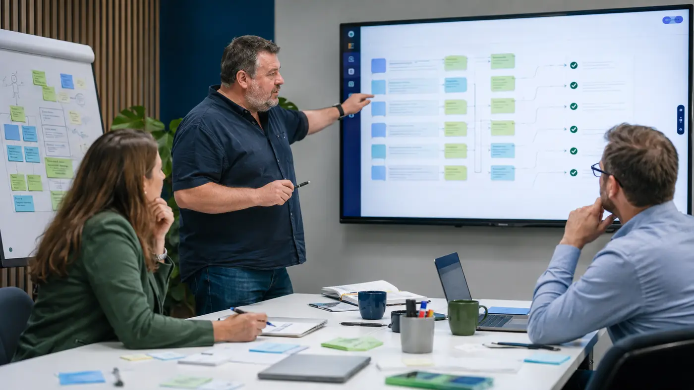 Realistische Unternehmensszene zum Thema KI im Requirements Engineering und in der Businessanalyse