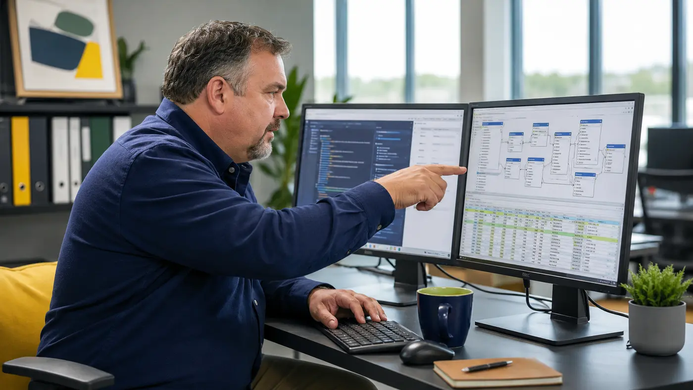Realistische Unternehmensszene zum Thema KI, SQL und Datenanalyse: schneller fragen, sauber prüfen