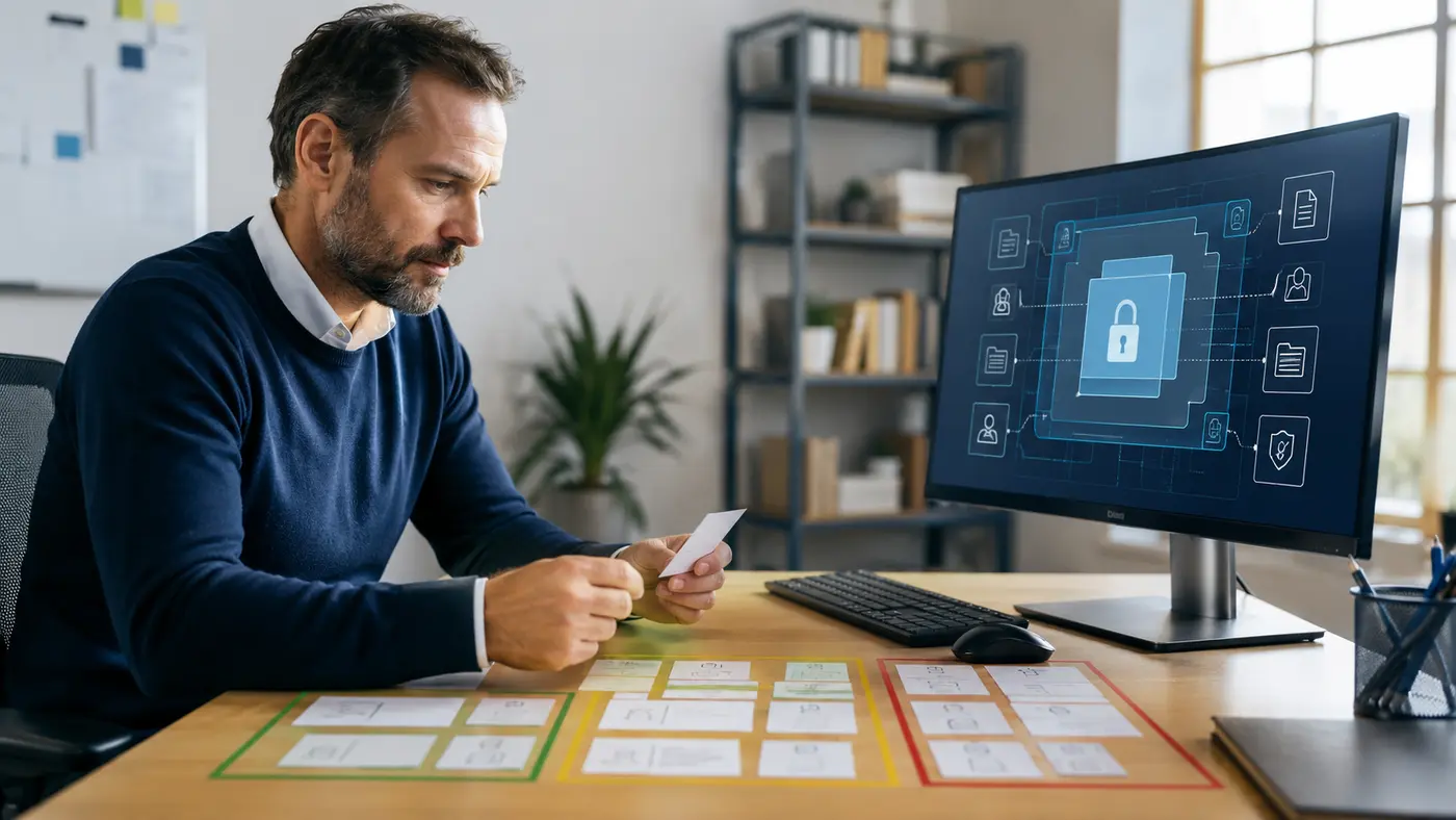 Realistische Unternehmensszene zum Thema Vertrauliche Daten und KI: erst klassifizieren, dann verarbeiten