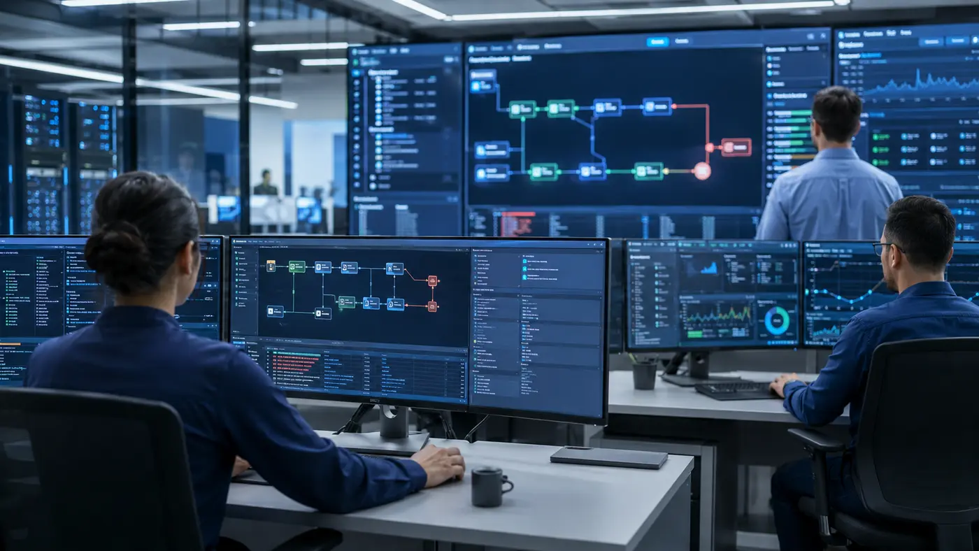 Realistische Unternehmensszene zum Thema Vom Einzelprompt zum kontrollierten KI-Workflow